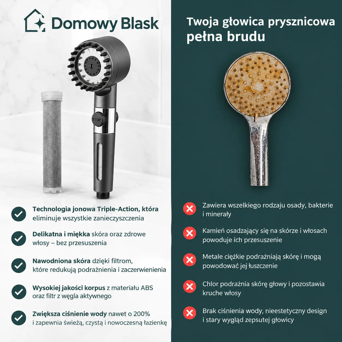 Słuchawka prysznicowa z potrójnym systemem filtracji • Usuwa kamień, chlor i metale ciężkie z wody