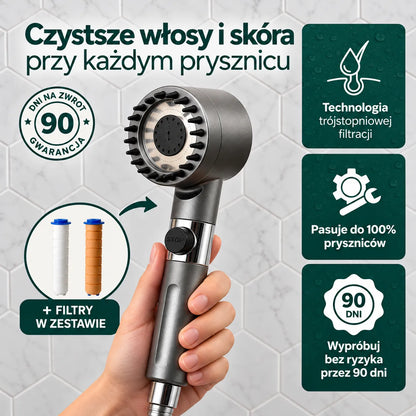 Słuchawka prysznicowa z potrójnym systemem filtracji • Usuwa kamień, chlor i metale ciężkie z wody